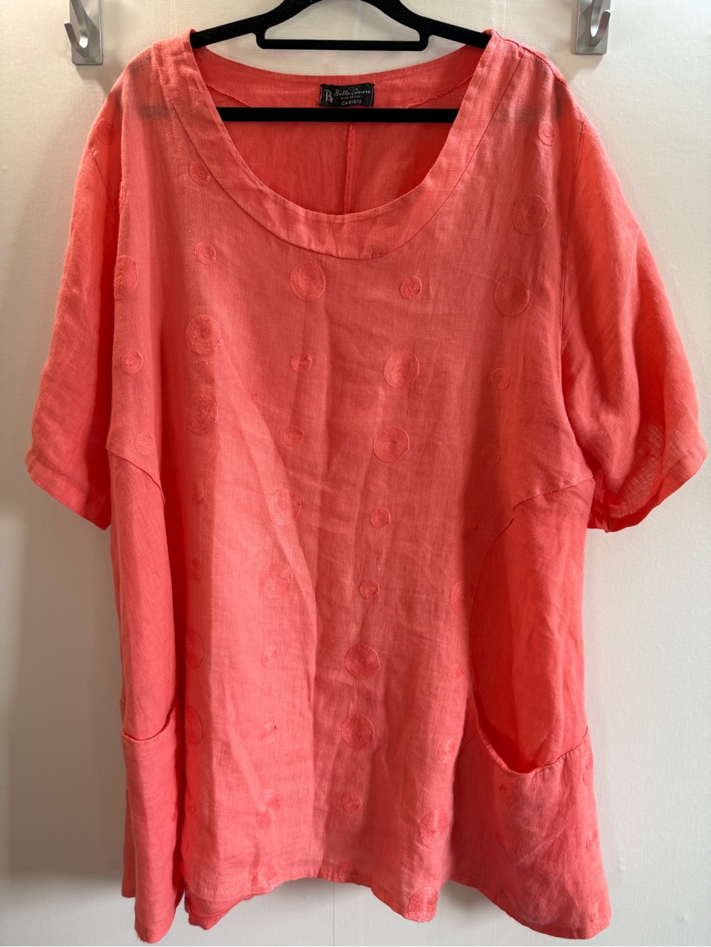 Bella Amore Coral Embroidered Pocket Tunic Cotton Linen Blend Look XL Italy